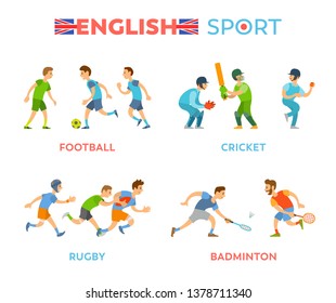 English sport vector, boys playing together flat style. Isolated people players of football and cricket, badminton and rugby, youth with bats and balls
