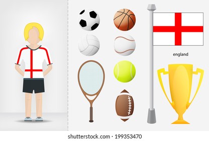English sportswoman with sport equipment collection vector illustrations