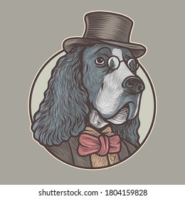 english springer spaniel dog wearing glasses and tuxedo handdrawn vector illustration