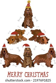 English Springer Spaniel dogs wearing winter hats. Cute funny dogs. Character design. Abstract Christmas tree. Vector illustration. Merry Christmas greeting card with cute funny Spaniel dogs. 