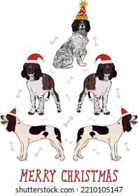 English Springer Spaniel dogs wearing winter hats. Cute funny dogs. Character design. Abstract Christmas tree. Vector illustration. Merry Christmas greeting card with the cute funny dog holiday poster