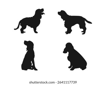 English Springer Spaniel silhouette in black. Dog Silhouettes Showcase Different Poses Against a White Background.