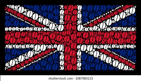 English State Flag collage designed of coffee bean icons on a dark background. Vector coffee bean elements are formed into conceptual English flag composition.
