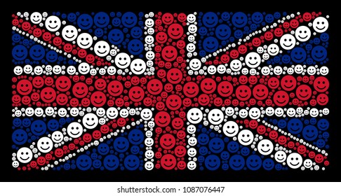 English State Flag collage organized of glad smile icons on a dark background. Vector glad smile pictograms are formed into conceptual UK flag pattern.