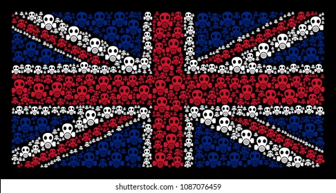 English State Flag concept created of gas mask design elements on a dark background. Vector gas mask pictograms are united into conceptual English flag collage.