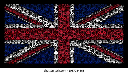 English State Flag concept done of chemistry pictograms on a dark background. Vector chemistry items are composed into mosaic United Kingdom flag composition.