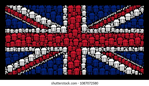 English State Flag mosaic made of popcorn bucket icons on a dark background. Vector popcorn bucket elements are combined into mosaic United Kingdom flag illustration.