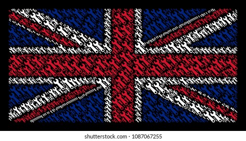 English State Flag pattern made of wrench pictograms on a dark background. Vector wrench icons are combined into conceptual English flag collage.