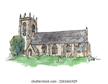 English stone church, village, rural. Ink watercolor illustration. Isolated vector.