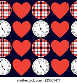 English style dark seamless background with red hearts and clocks 