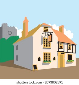 English Style Pub Bar Old Vintage England City Landscape Vector Icon Symbol