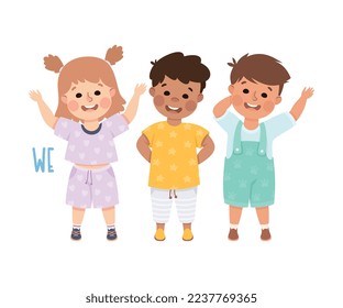 English Subject Pronoun with Funny Boy and Girl Demonstrating We Word Vector Illustration