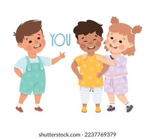 English Subject Pronoun with Funny Boy and Girl Demonstrating You Word Vector Illustration