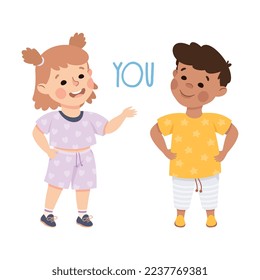 English Subject Pronoun with Funny Boy and Girl Demonstrating You Word Vector Illustration