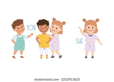 English Subject Pronoun with Funny Boy and Girl Demonstrating Word Vector Set