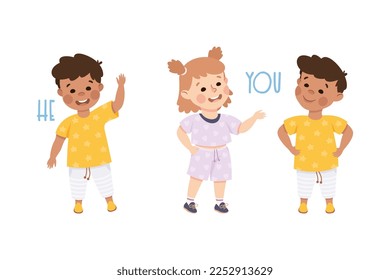 English Subject Pronoun with Funny Boy and Girl Demonstrating Word Vector Set