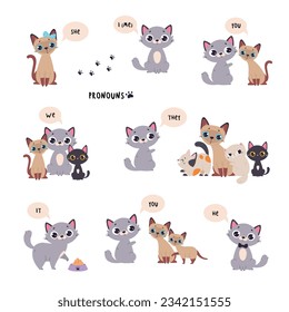 English Subject Pronoun with Funny Cat and Kitten Vector Set