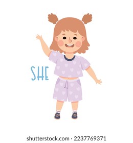 English Subject Pronoun with Funny Girl Demonstrating She Word Vector Illustration