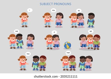 English subject pronouns. Preschool, kindergarten, school elementary education. Language learning. Speech exercise. Pronoun lesson. English training. Study Homework. Vector illustration.