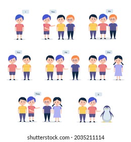 English subject pronouns. Preschool, kindergarten, school elementary education. Language learning. Speech exercise. Pronoun lesson. English training. Study Homework. Vector illustration.