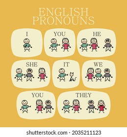 English subject pronouns. Preschool, kindergarten, school elementary education. Language learning. Speech exercise. Pronoun lesson. English training. Study Homework. Vector illustration.