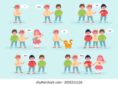 English subject pronouns. Preschool, kindergarten, school elementary education. Language learning. Speech exercise. Pronoun lesson. English training. Study Homework. Vector illustration.