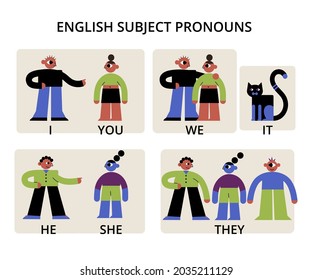 English subject pronouns. Preschool, kindergarten, school elementary education. Language learning. Speech exercise. Pronoun lesson. English training. Study Homework. Vector illustration.