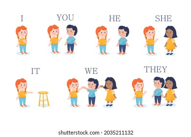 English subject pronouns. Preschool, kindergarten, school elementary education. Language learning. Speech exercise. Pronoun lesson. English training. Study Homework. Vector illustration.