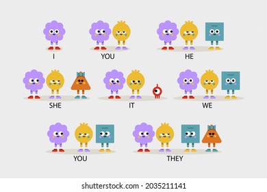 English subject pronouns. Preschool, kindergarten, school elementary education. Language learning. Speech exercise. Pronoun lesson. English training. Study Homework. Vector illustration.