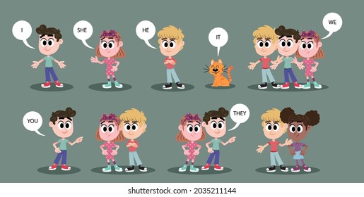 English subject pronouns. Preschool, kindergarten, school elementary education. Language learning. Speech exercise. Pronoun lesson. English training. Study Homework. Vector illustration.