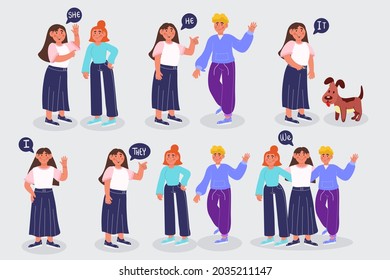 English subject pronouns. Preschool, kindergarten, school elementary education. Language learning. Speech exercise. Pronoun lesson. English training. Study Homework. Vector illustration.