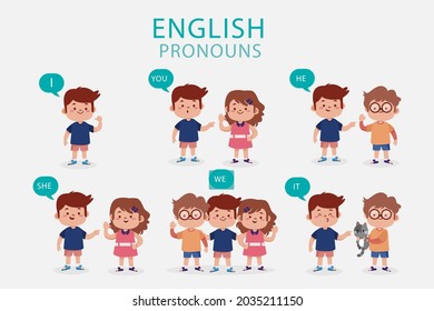 English subject pronouns. Preschool, kindergarten, school elementary education. Language learning. Speech exercise. Pronoun lesson. English training. Study Homework. Vector illustration.