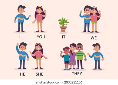 English subject pronouns. Preschool, kindergarten, school elementary education. Language learning. Speech exercise. Pronoun lesson. English training. Study Homework. Vector illustration.