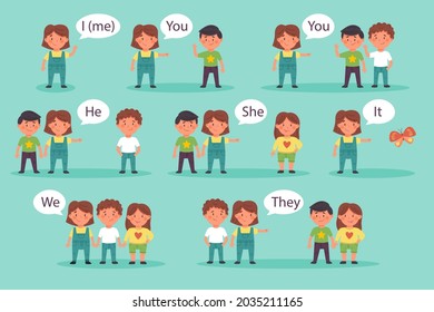 English subject pronouns. Preschool, kindergarten, school elementary education. Language learning. Speech exercise. Pronoun lesson. English training. Study Homework. Vector illustration.