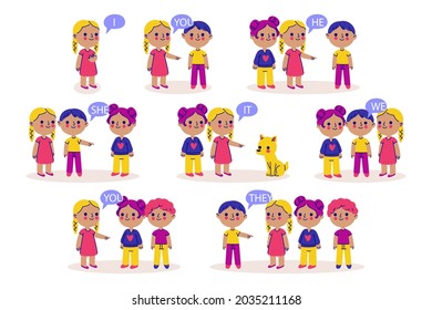 English subject pronouns. Preschool, kindergarten, school elementary education. Language learning. Speech exercise. Pronoun lesson. English training. Study Homework. Vector illustration.