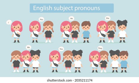 English subject pronouns. Preschool, kindergarten, school elementary education. Language learning. Speech exercise. Pronoun lesson. English training. Study Homework. Vector illustration.