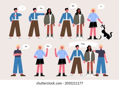 English subject pronouns. Preschool, kindergarten, school elementary education. Language learning. Speech exercise. Pronoun lesson. English training. Study Homework. Vector illustration.