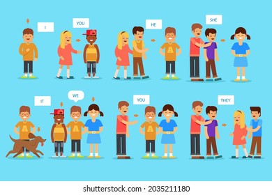 English subject pronouns. Preschool, kindergarten, school elementary education. Language learning. Speech exercise. Pronoun lesson. English training. Study Homework. Vector illustration.