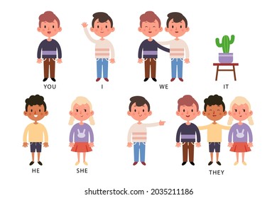 English subject pronouns. Preschool, kindergarten, school elementary education. Language learning. Speech exercise. Pronoun lesson. English training. Study Homework. Vector illustration.