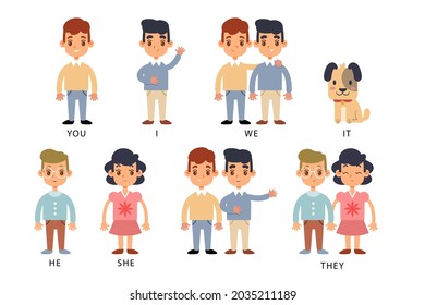 English subject pronouns. Preschool, kindergarten, school elementary education. Language learning. Speech exercise. Pronoun lesson. English training. Study Homework. Vector illustration.