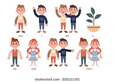 English subject pronouns. Preschool, kindergarten, school elementary education. Language learning. Speech exercise. Pronoun lesson. English training. Study Homework. Vector illustration.