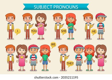 English subject pronouns. Preschool, kindergarten, school elementary education. Language learning. Speech exercise. Pronoun lesson. English training. Study Homework. Vector illustration.