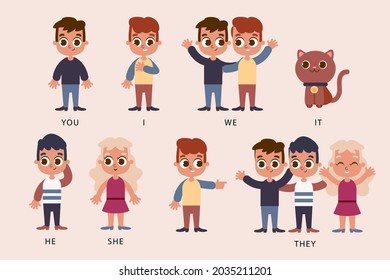 English subject pronouns. Preschool, kindergarten, school elementary education. Language learning. Speech exercise. Pronoun lesson. English training. Study Homework. Vector illustration.