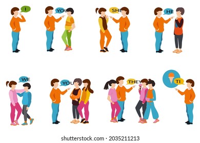 English subject pronouns. Preschool, kindergarten, school elementary education. Language learning. Speech exercise. Pronoun lesson. English training. Study Homework. Vector illustration.