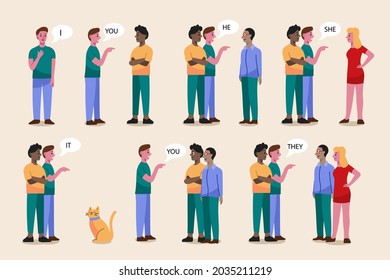 English subject pronouns. Preschool, kindergarten, school elementary education. Language learning. Speech exercise. Pronoun lesson. English training. Study Homework. Vector illustration.