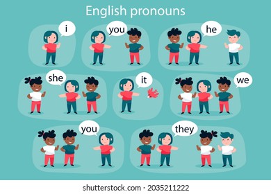 English subject pronouns. Preschool, kindergarten, school elementary education. Language learning. Speech exercise. Pronoun lesson. English training. Study Homework. Vector illustration.