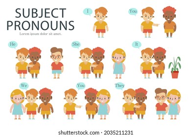 English subject pronouns. Preschool, kindergarten, school elementary education. Language learning. Speech exercise. Pronoun lesson. English training. Study Homework. Vector illustration.