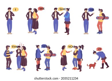 English subject pronouns. Preschool, kindergarten, school elementary education. Language learning. Speech exercise. Pronoun lesson. English training. Study Homework. Vector illustration.