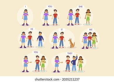 English subject pronouns. Preschool, kindergarten, school elementary education. Language learning. Speech exercise. Pronoun lesson. English training. Study Homework. Vector illustration.