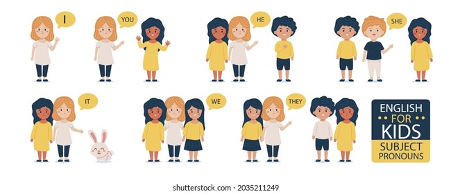 English subject pronouns. Preschool, kindergarten, school elementary education. Language learning. Speech exercise. Pronoun lesson. English training. Study Homework. Vector illustration.